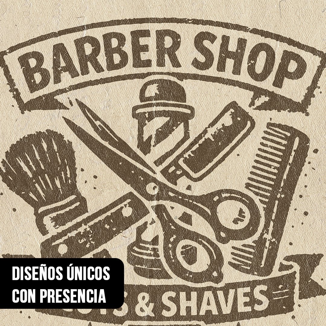 Primer plano de cartel vintage estilo sello desgastado de Barber Shop con tijeras, navaja, brocha y peine