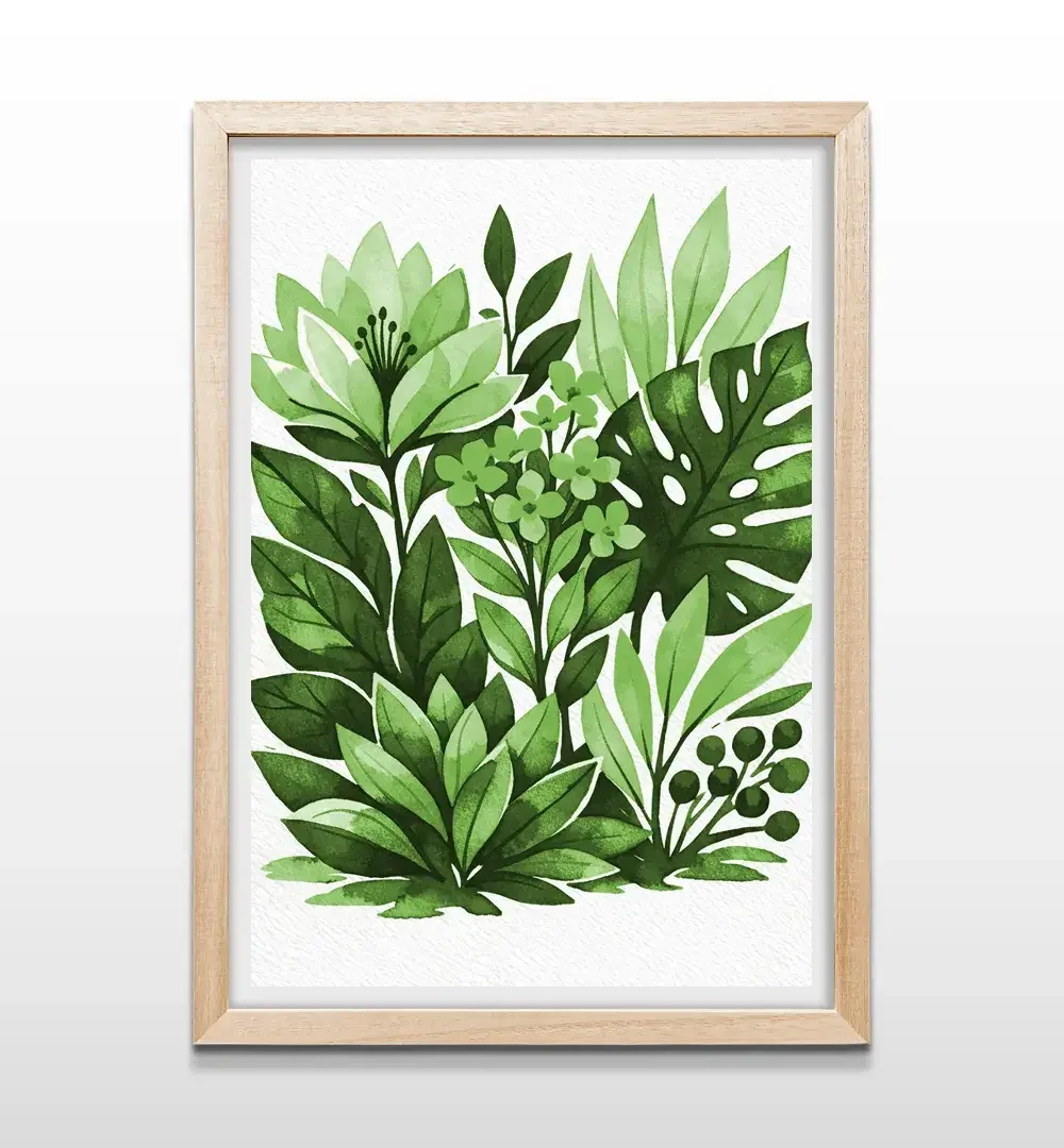 Cuadro decorativo de plantas y hojas verdes con marco de madera color natural
