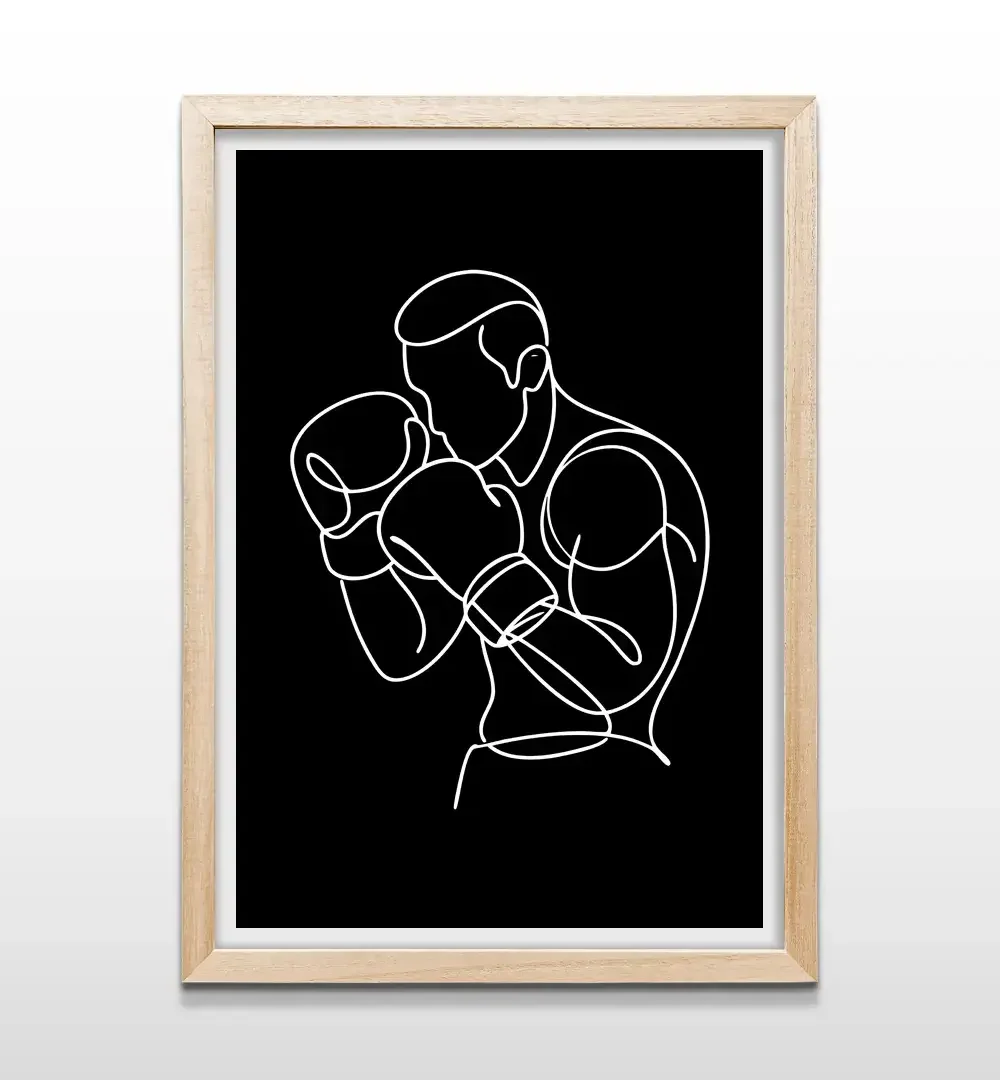 Cuadro de boxeo minimalista con marco de madera natural, ideal para decorar un gimnasio en casa o habitación juvenil