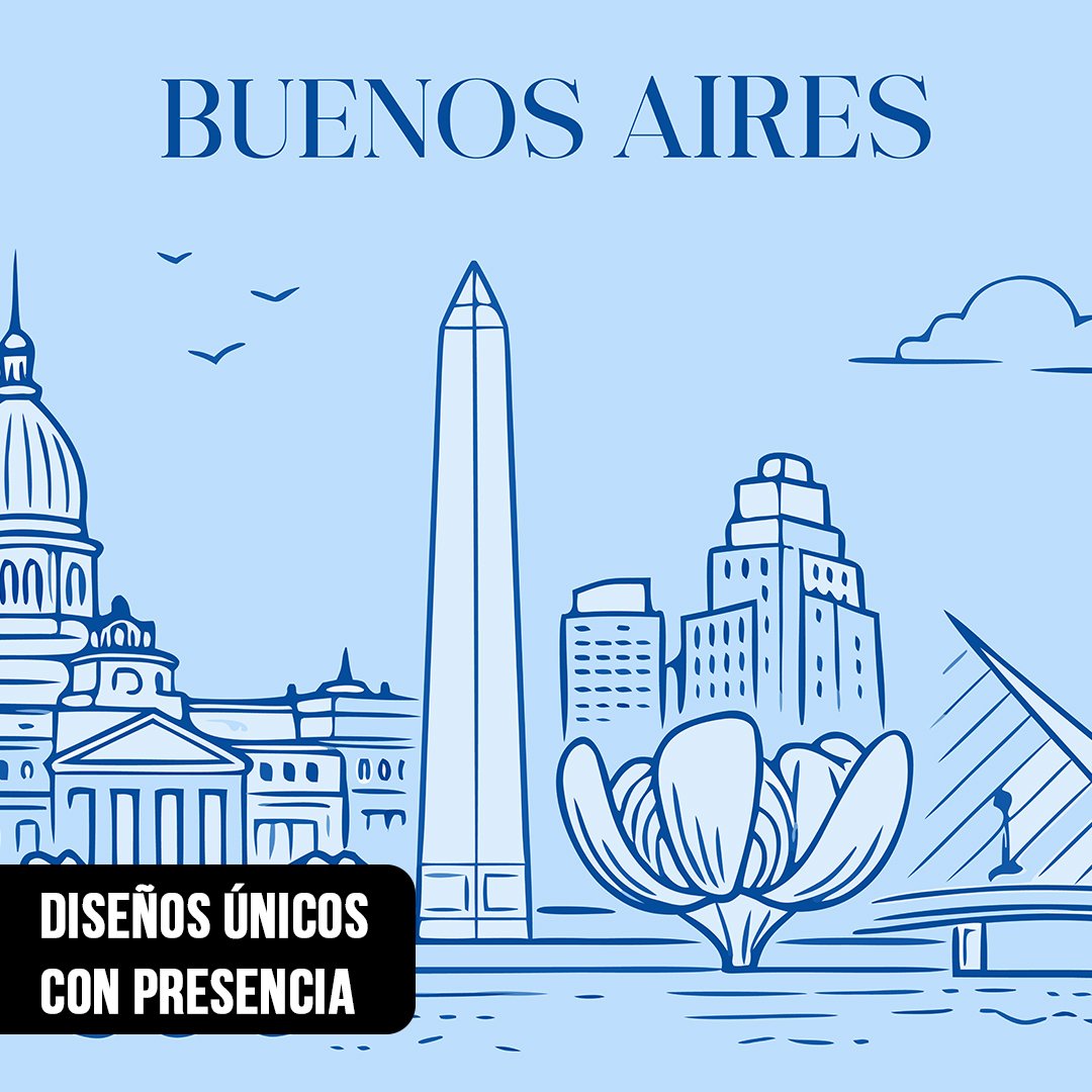 Ilustración en primer plano del skyline de Buenos Aires con líneas azules sobre fondo celeste, mostrando el texto BUENOS AIRES, el Obelisco, el Congreso y la Floralis Genérica