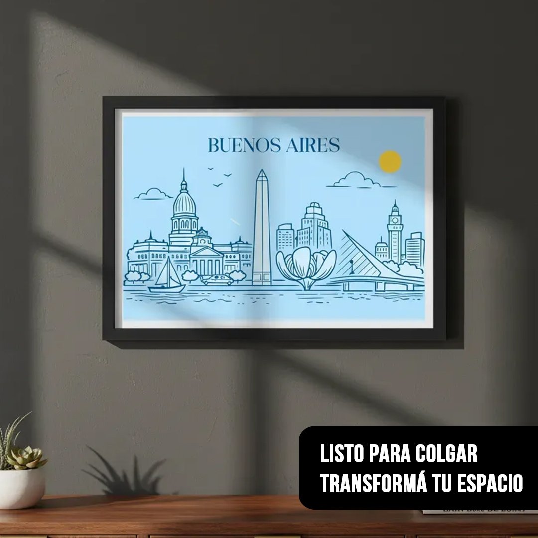 Cuadro horizontal con ilustración del skyline de Buenos Aires en líneas azules y fondo celeste con marco negro, colgado en una pared gris oscuro