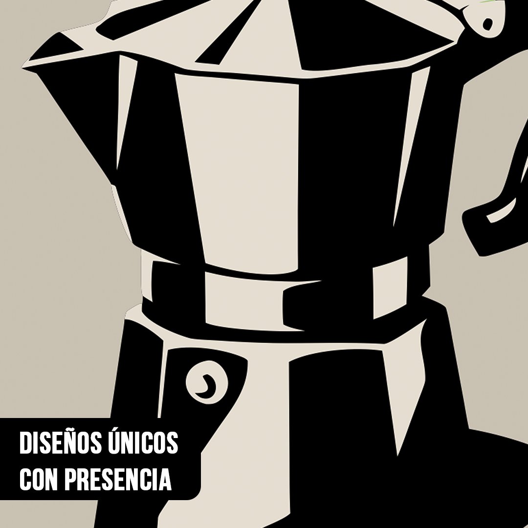 Primer plano del diseño de un cuadro con ilustración de cafetera italiana moka en color negro y sombras sobre fondo beige