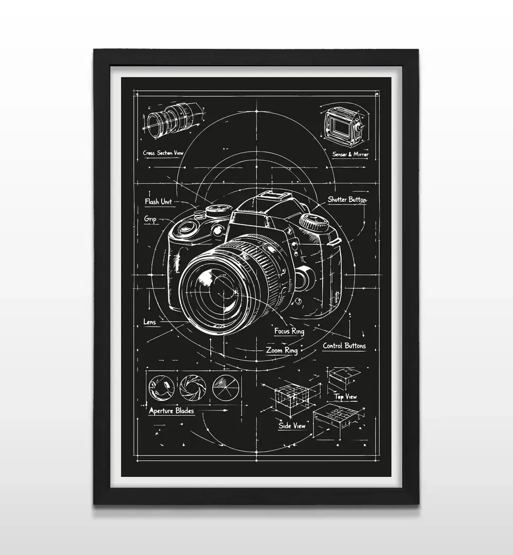 Cuadro moderno de cámara vintage con marco negro, decoración de alto impacto visual y regalo ideal para fotógrafos y amantes del cine