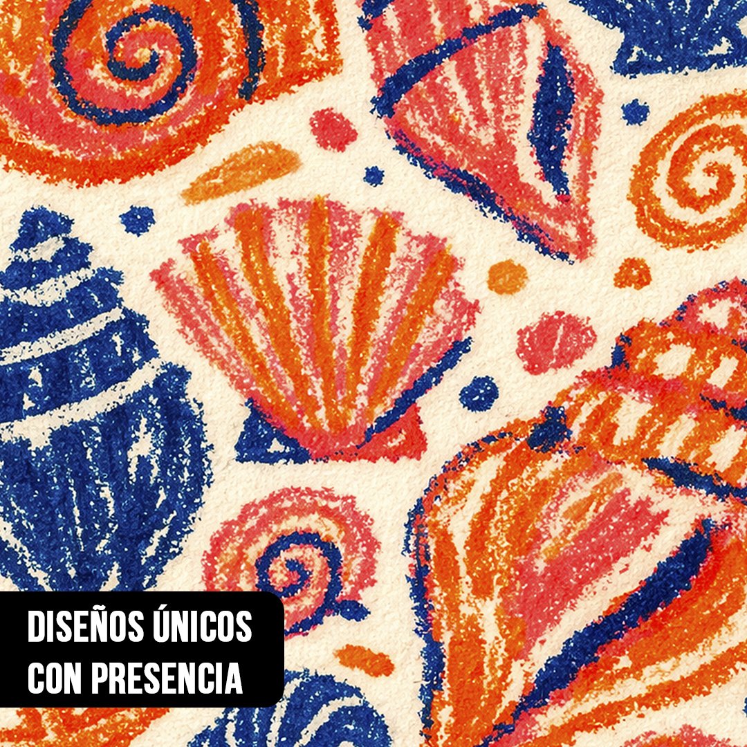 Primer plano de ilustración texturizada al pastel de conchas y caracoles marinos en tonos naranja, rosa y azul