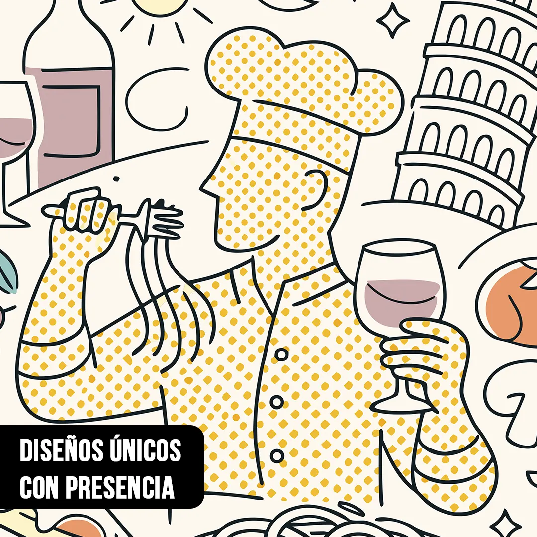 Primer plano de ilustración vectorial estilo pop art de chef italiano comiendo pastas y tomando vino junto a la Torre de Pisa