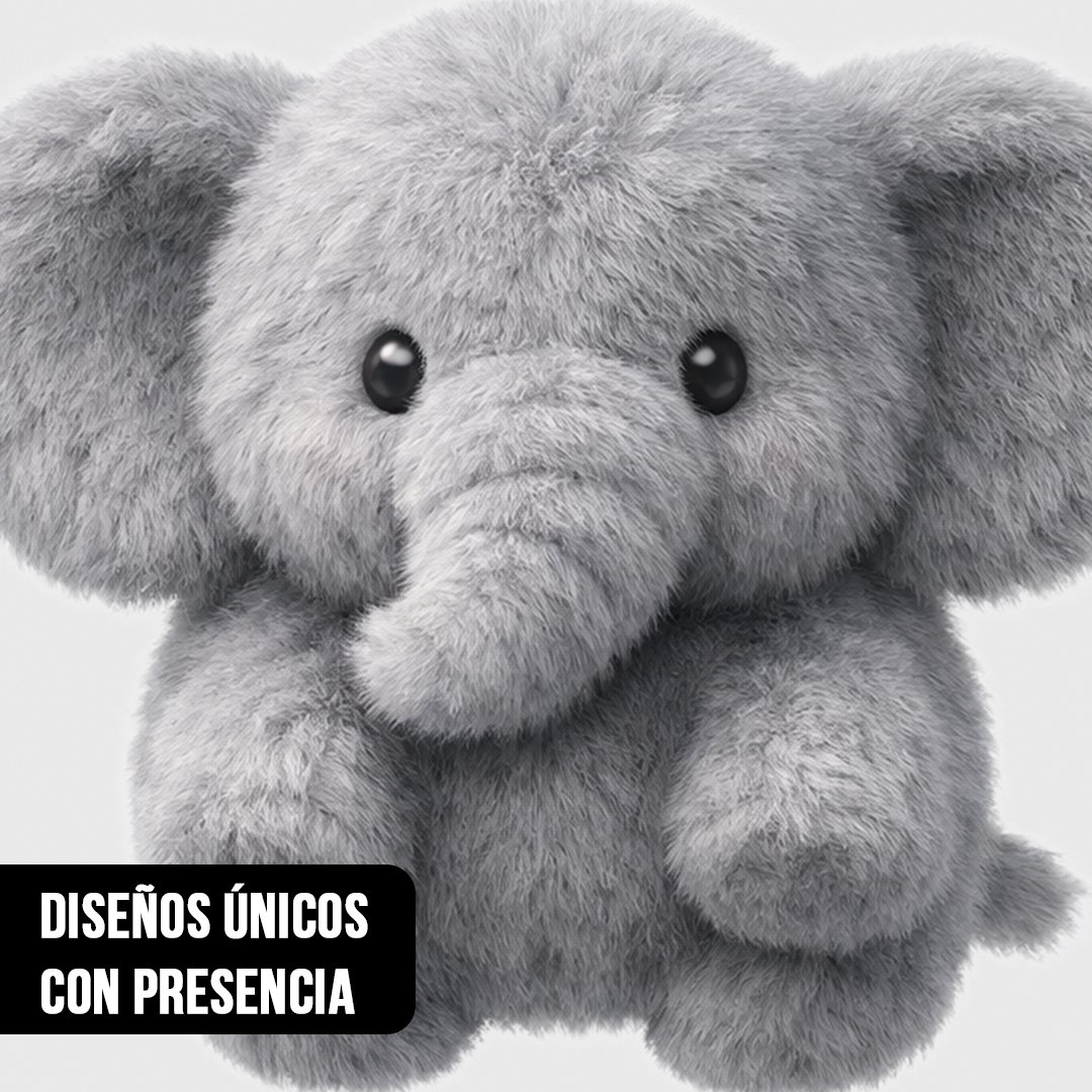 Primer plano de ilustración digital de un elefante de peluche gris con pelaje suave y ojos negros sobre fondo blanco