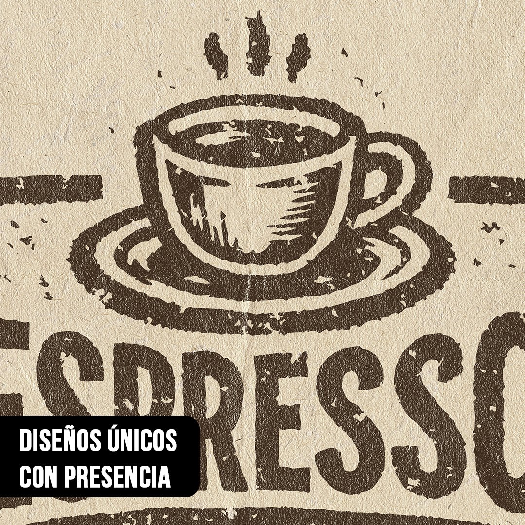 Primer plano de cartel vintage estilo sello desgastado con taza de café espresso humeante y texto ESPRESSO