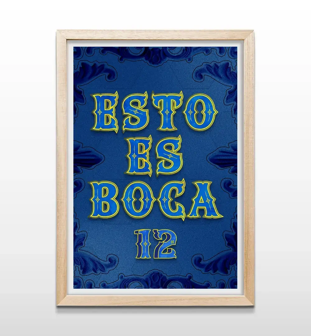 Cuadro de Boca Juniors 12 con marco de madera natural, ideal para quinchos, oficinas o dormitorios de hinchas