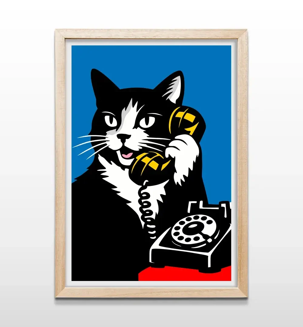 Cuadro divertido de gato con teléfono pop art y marco de madera natural para decoración de escritorio o dormitorio