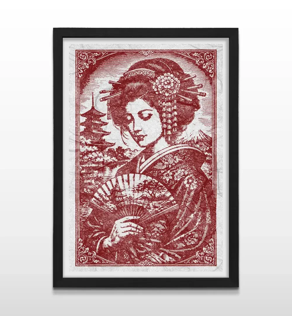 Cuadro moderno de Geisha roja con marco negro, decoración de alto impacto visual y regalo ideal para amantes de la cultura japonesa y el arte