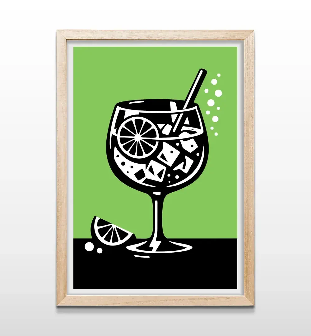 Cuadro para bar o cocina con ilustración de Gin Tonic y marco de madera color natural