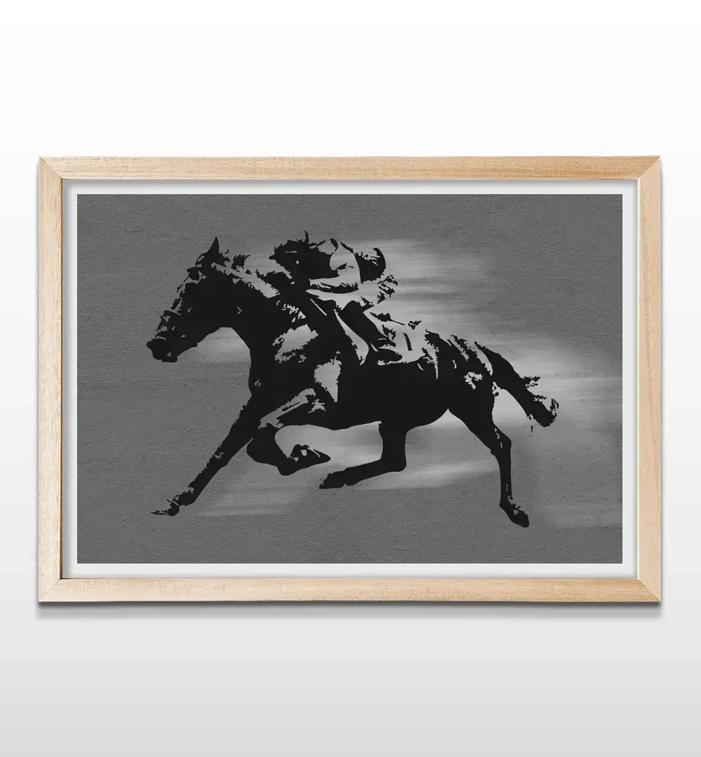 Cuadro de un jockey abstracto con marco de madera natural, arte de pared para decoración de estudios o clubes hípicos