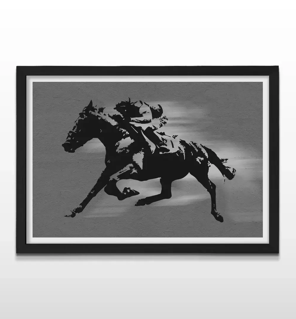 Cuadro moderno de jockey y caballo con marco negro, decoración de interiores elegante con temática de hipismo
