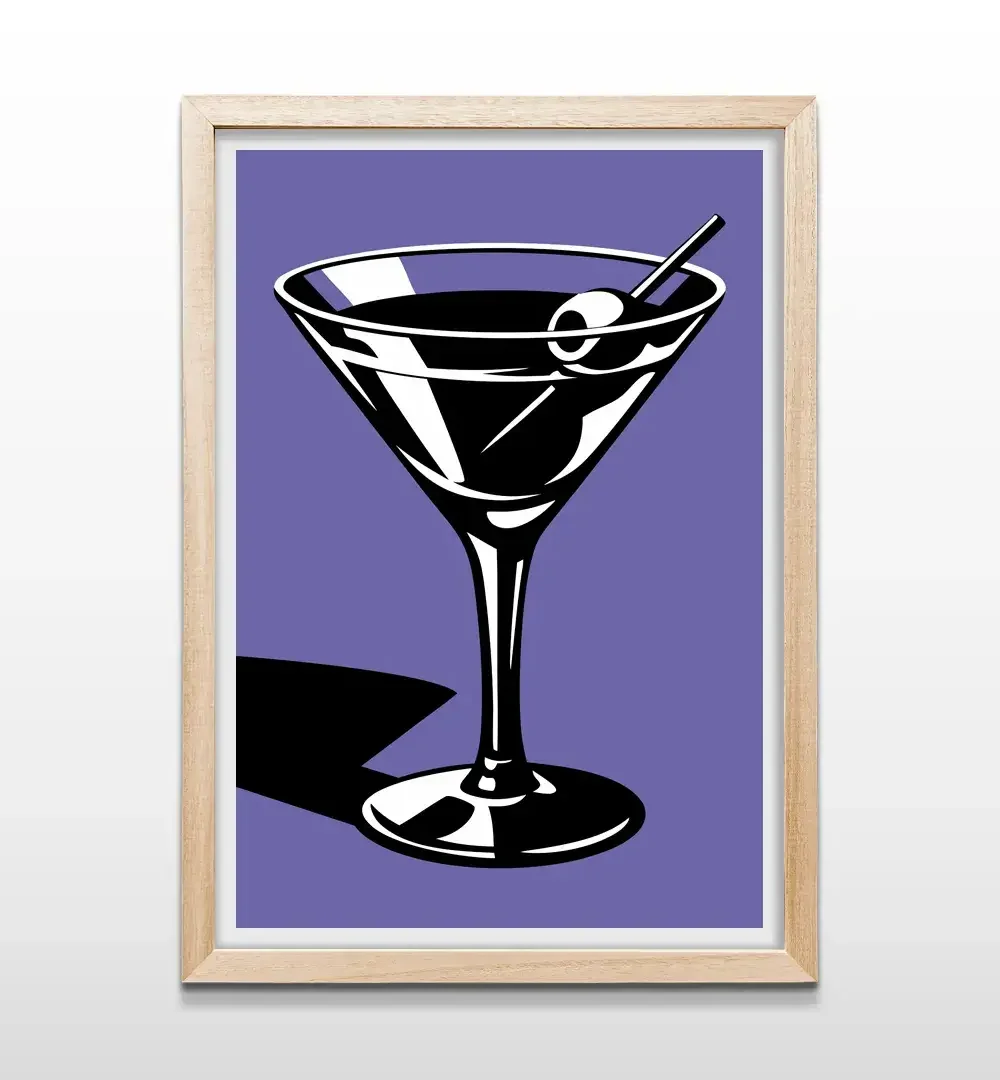 Cuadro minimalista de Martini con marco de madera natural para decoración de bar en casa o living