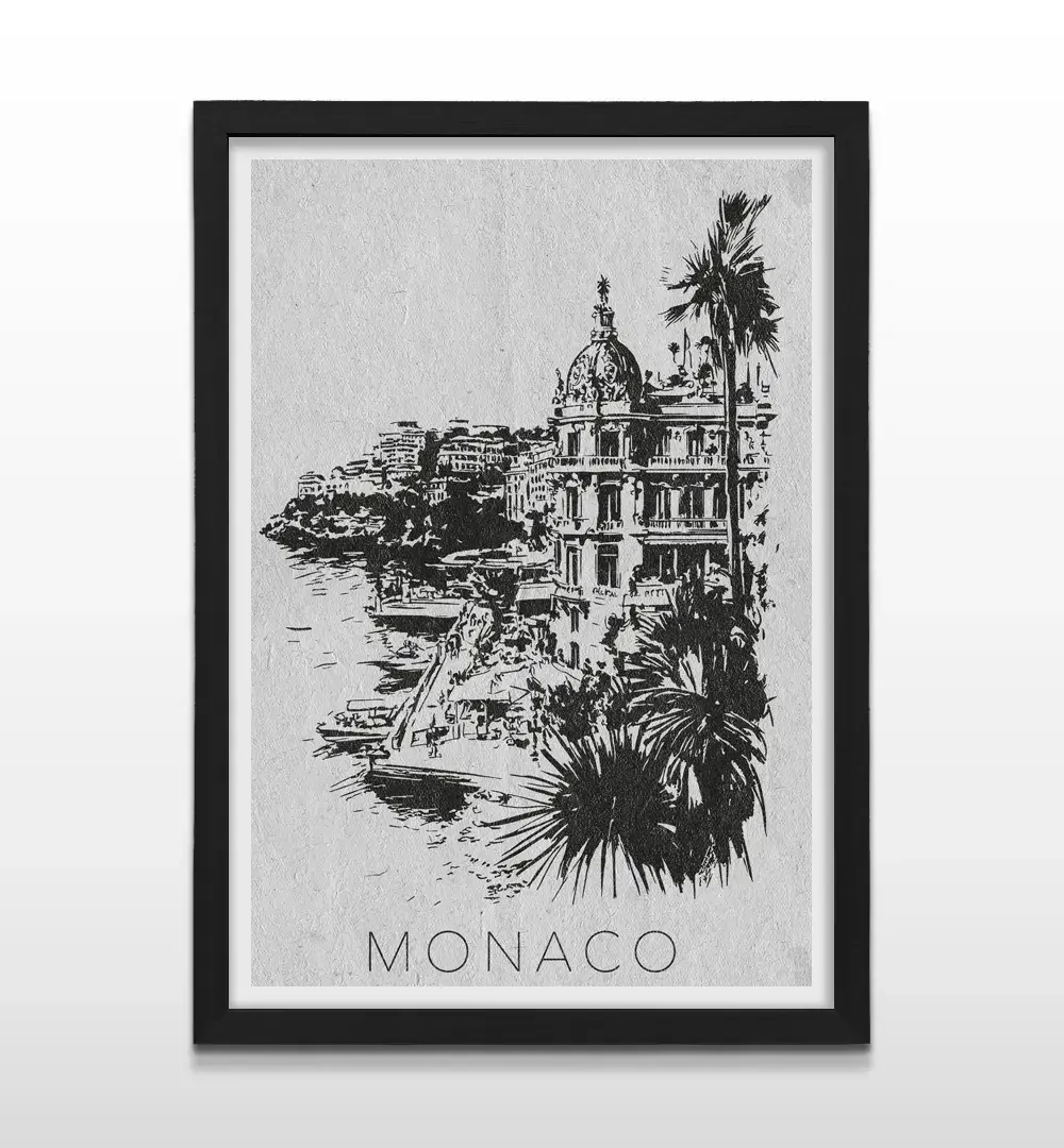Cuadro moderno de Mónaco con marco negro, arte de pared elegante para decoración de interiores de lujo