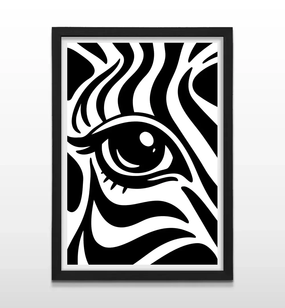 Cuadro moderno de cebra con marco negro, decoración de alto impacto visual y regalo ideal para amantes de la naturaleza y el diseño minimalista en blanco y negro