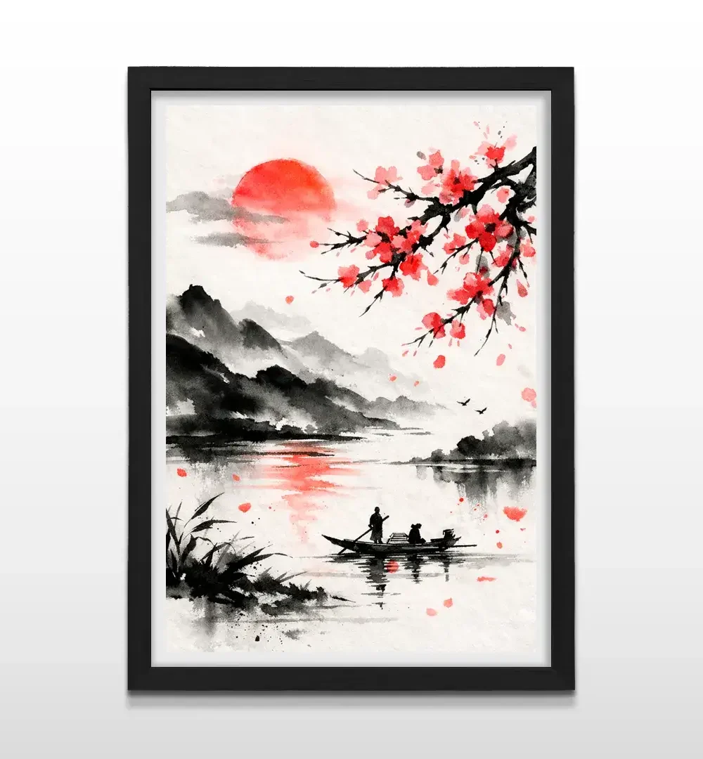 Cuadro moderno de paisaje japonés con marco negro, decoración de alto impacto visual y regalo ideal para amantes del diseño y la cultura oriental