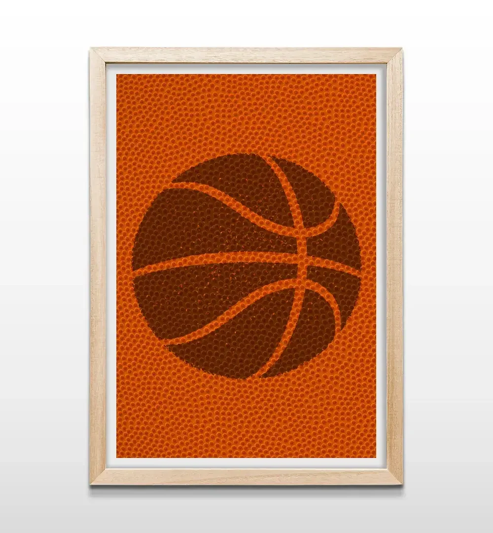 Cuadro de básquet minimalista con marco de madera natural, arte de pared para habitación juvenil o sala de estar