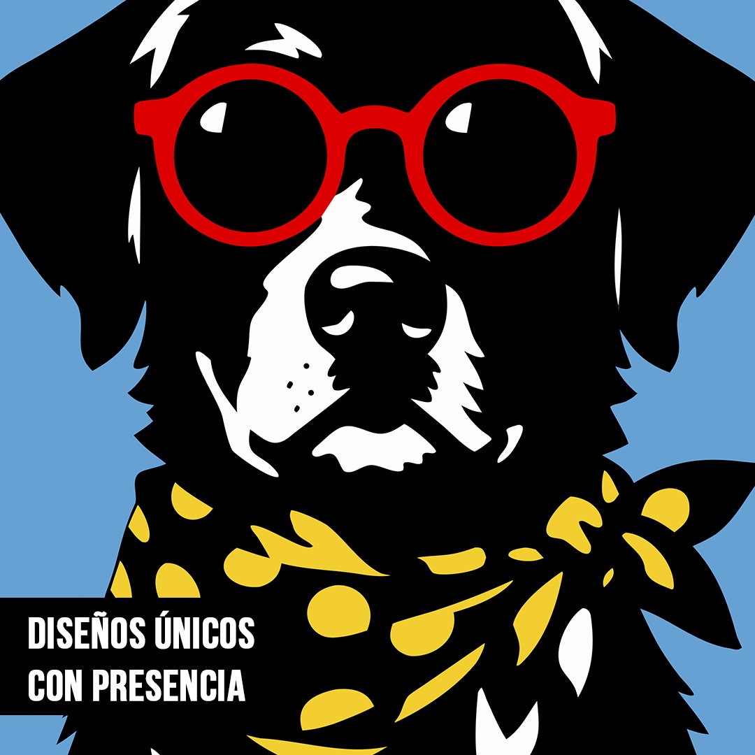 Primer plano de ilustración estilo pop art de un perro negro vistiendo lentes de sol redondos rojos y pañuelo amarillo sobre fondo azul