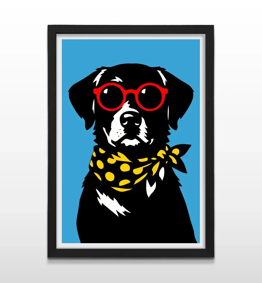 Cuadro moderno de perro playero pop-art con marco negro, decoración de alto impacto visual y regalo ideal para amantes de las mascotas y el diseño