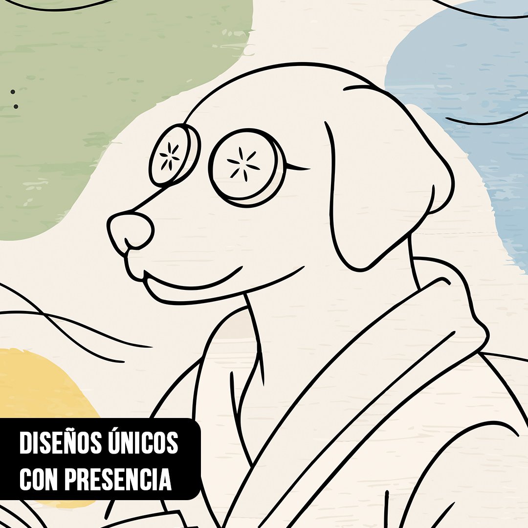 Primer plano de ilustración de línea de un perro con bata de baño y rodajas de pepino en los ojos sobre fondo pastel