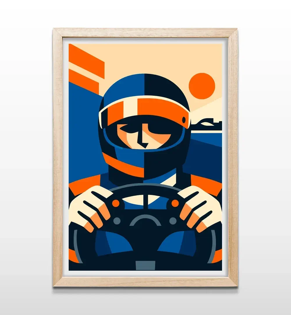 Cuadro de piloto de carreras minimalista con marco de madera natural, ideal para habitaciones juveniles o estudios