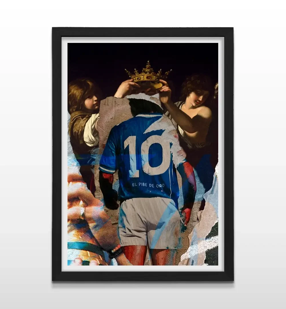 Cuadro moderno de Diego de espaldas con marco negro, decoración de alto impacto visual y regalo ideal para amantes del fútbol, coleccionistas y diseño de interiores
