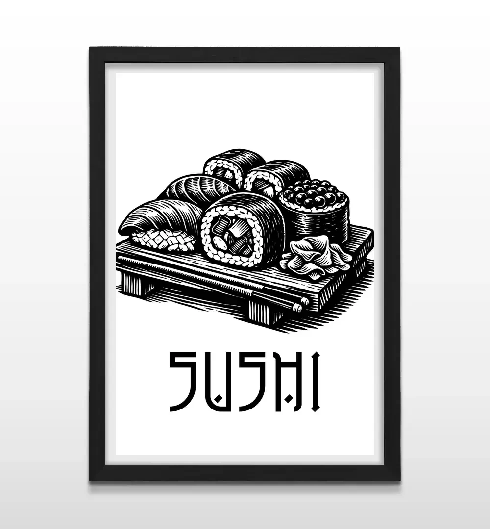 Cuadro moderno de sushi abstracto con marco negro, decoración de alto impacto visual y regalo ideal para amantes de la comida japonesa y el diseño