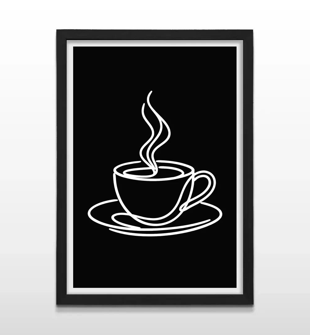 Cuadro moderno de taza de café con marco negro, decoración de alto impacto visual y regalo ideal para amantes del café y el diseño minimalista