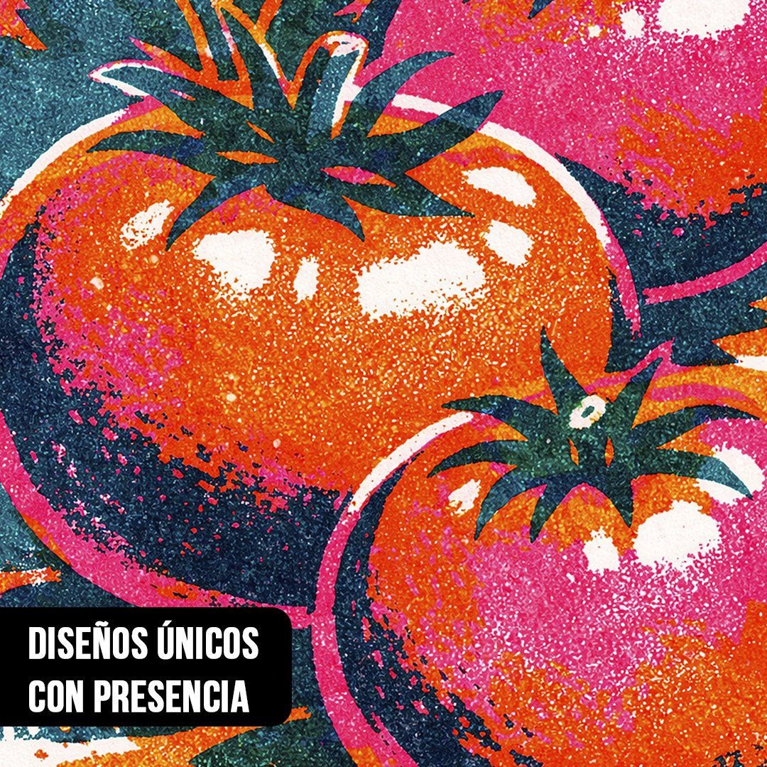 Primer plano de ilustración estilo pop art granulado de tomates frescos en tonos naranja, magenta y azul