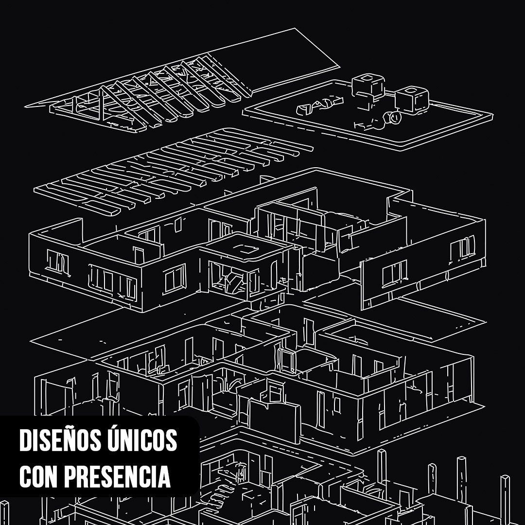 Primer plano de plano técnico arquitectónico explosionado de casa en líneas blancas sobre fondo negro