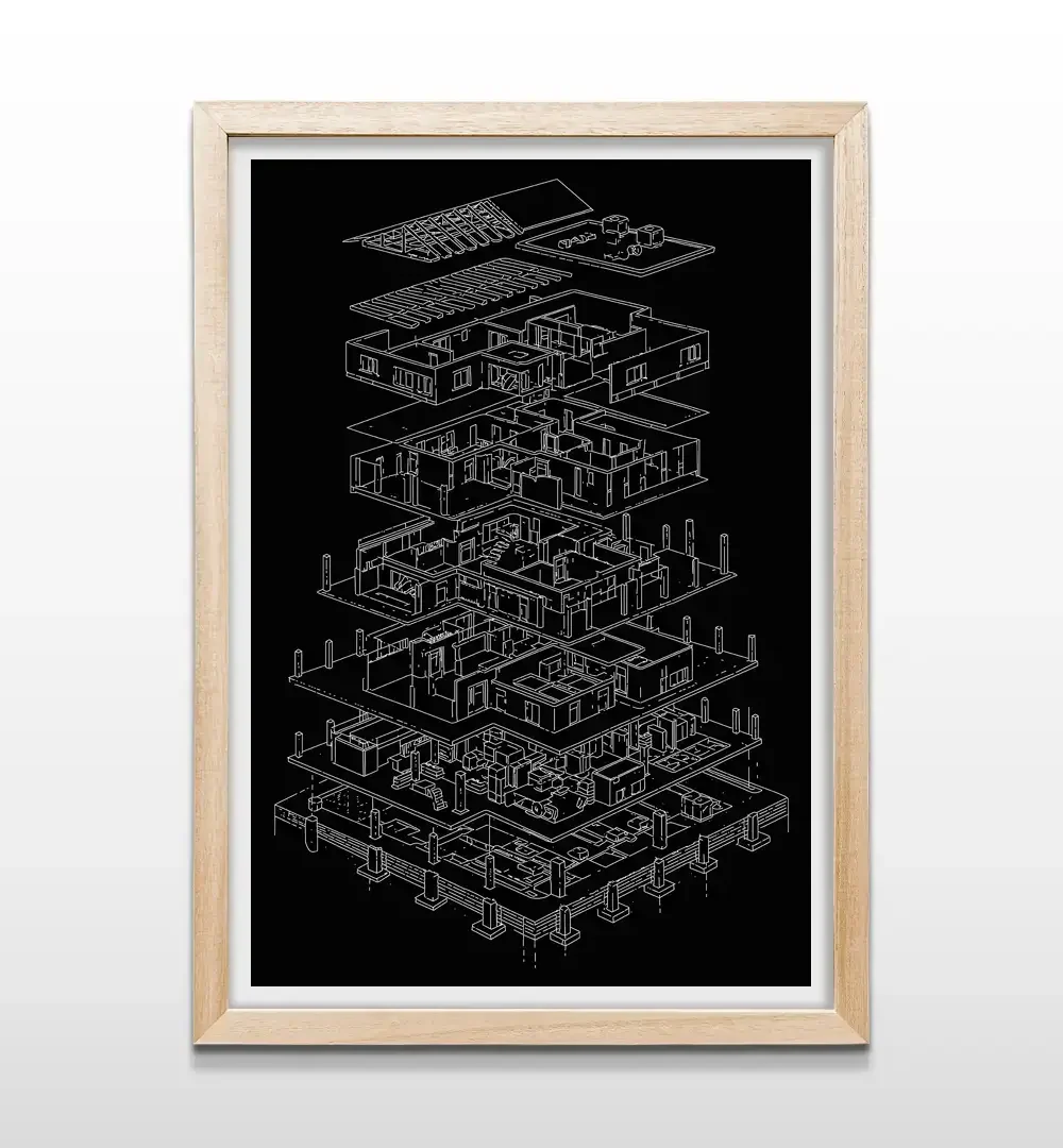 Cuadro de arquitectura minimalista con marco de madera natural, arte de pared para estudios de arquitectura o despachos