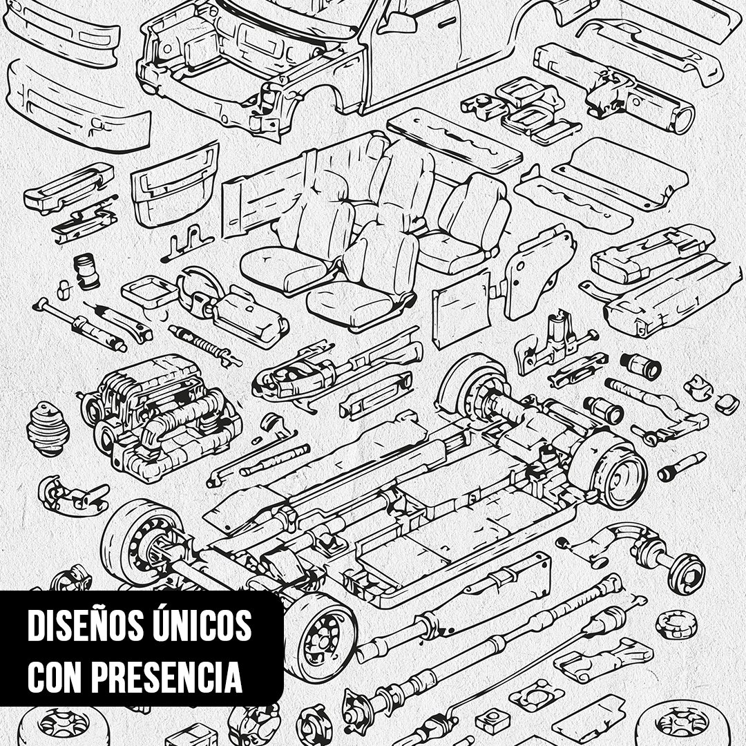 Primer plano de ilustración técnica isométrica con el despiece completo de componentes y motor de un auto