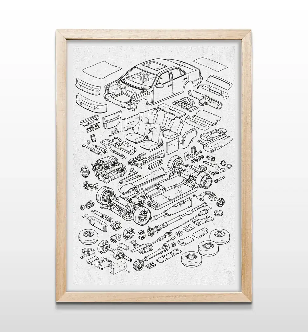 Cuadro de anatomía de auto con marco de madera natural, decoración de pared temática de ingeniería y automovilismo para oficinas y estudios