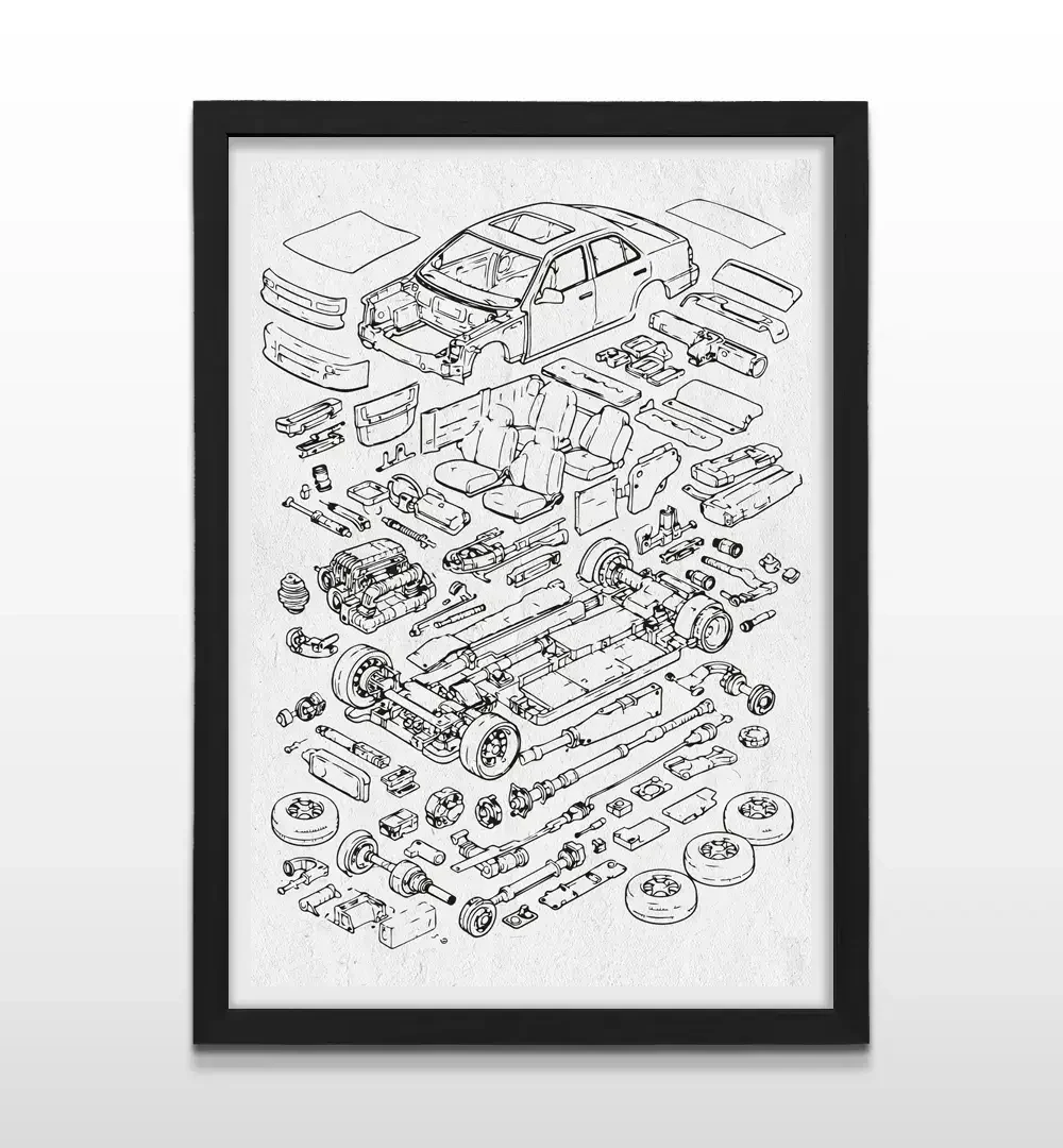 Cuadro moderno de partes de automóvil con marco negro, arte de pared de diseño automotriz y regalo ideal para mecánicos y entusiastas del motor