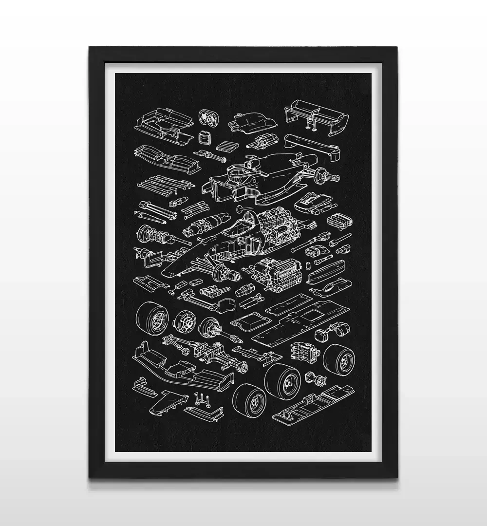 Cuadro moderno de anatomía de monoplaza con marco negro, arte de pared para fanáticos del automovilismo y coleccionistas