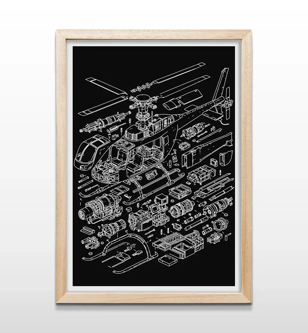 Cuadro de anatomía de helicóptero con marco de madera natural, arte de pared técnico para oficinas de ingeniería y entusiastas del vuelo