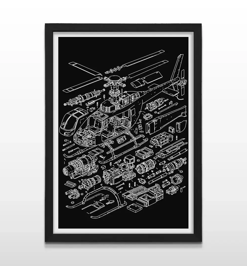Cuadro moderno de partes de helicóptero con marco negro, regalo original para pilotos, mecánicos de aviación y amantes de los helicopteros