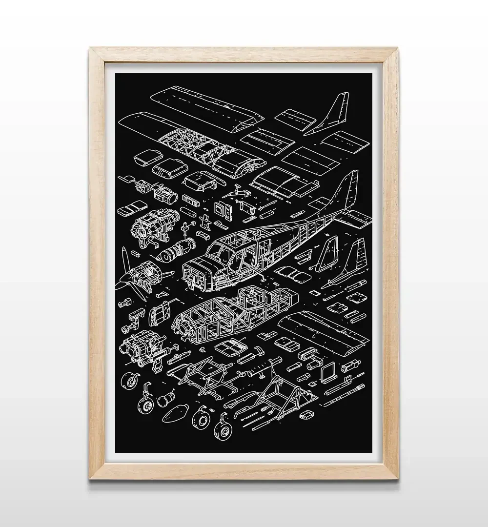 Cuadro de anatomía de avión con marco de madera natural, arte de pared técnico para estudios, bibliotecas y dormitorios de amantes de la aviación