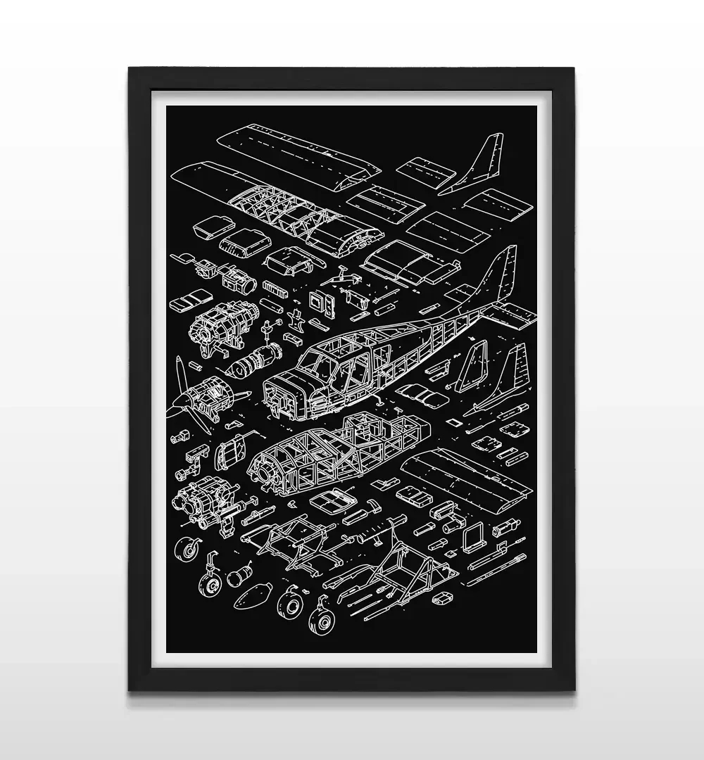 Cuadro moderno de partes de avioneta con marco negro, regalo original para pilotos, ingenieros y amantes de los aviones