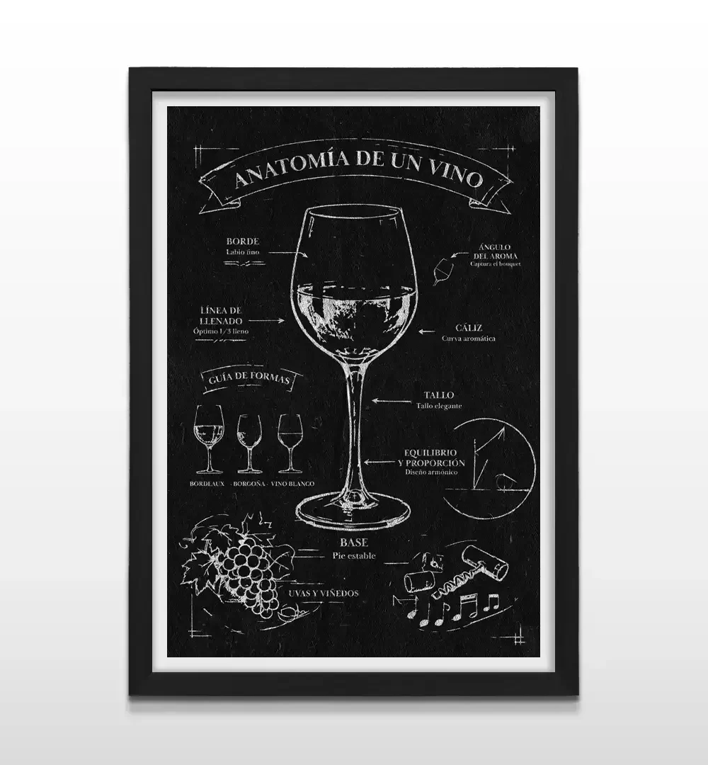 Cuadro moderno de diseño técnico de copa de vino con marco negro, arte de pared sofisticado y regalo ideal para sommeliers y amantes del vino