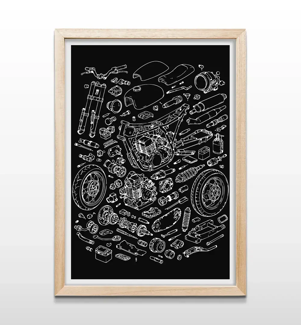 Cuadro de anatomía de moto con marco de madera natural, arte de pared de ingeniería mecánica para decoración de interiores