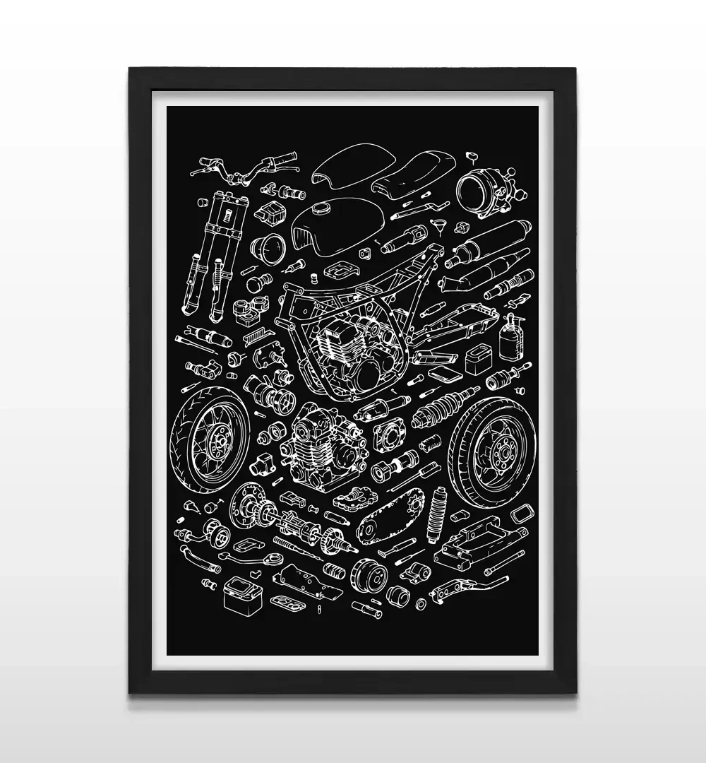 Cuadro moderno de partes de motocicleta con marco negro, regalo original para motociclistas, mecánicos y entusiastas del motor