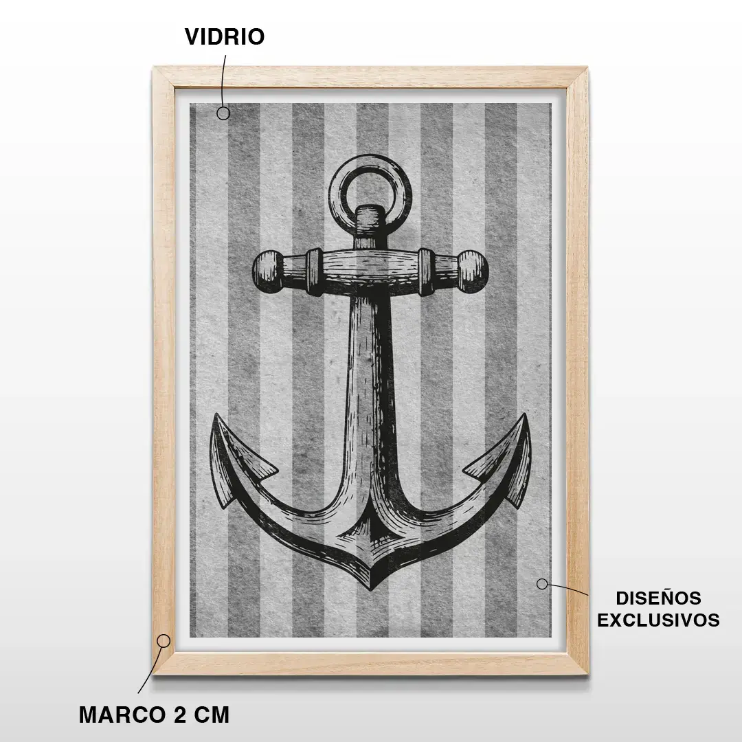 Cuadro decorativo de ancla vintage con diseño marinero clásico, marco de madera de 2 cm, vidrio protector y lámina artística de alta calidad