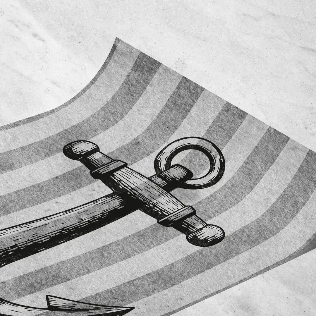 Detalle de ilustración de ancla antigua con texturas de metal desgastado y cuerda náutica, estilo retro con colores profundos y trazos detallados