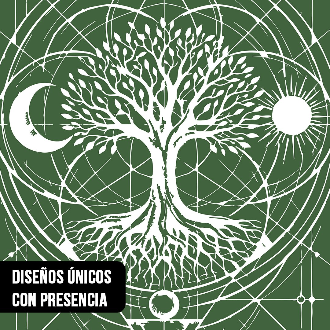 Primer plano de ilustración silueteada del árbol de la vida con sol, luna y geometría sagrada en blanco sobre verde