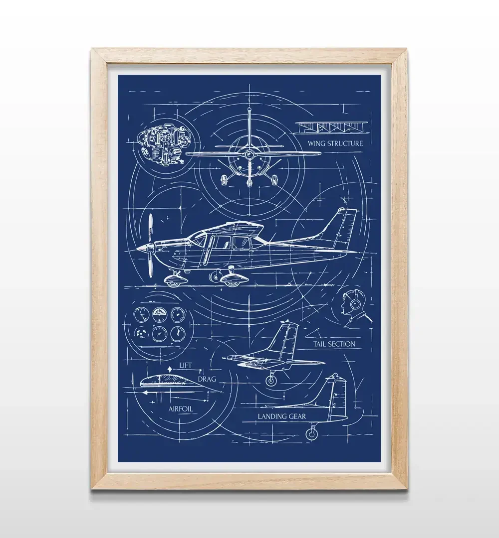 Cuadro de avioneta estilo plano técnico con marco de madera natural, decoración de pared para bibliotecas, estudios o hangares