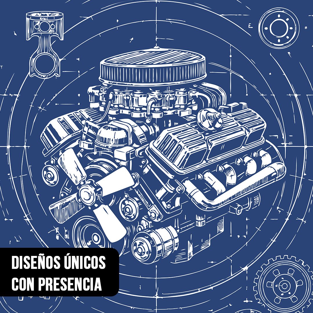 Primer plano de ilustración técnica estilo cianotipo blueprint de un motor V8 clásico con líneas blancas sobre fondo azul