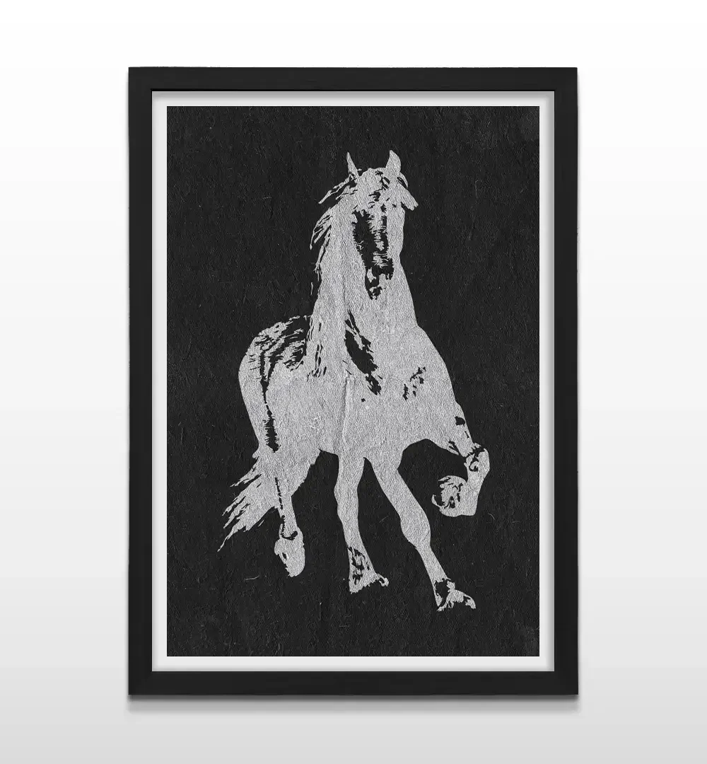 Cuadro moderno de silueta ecuestre con marco negro, arte de pared de gran fuerza visual y regalo ideal para amantes de los caballos