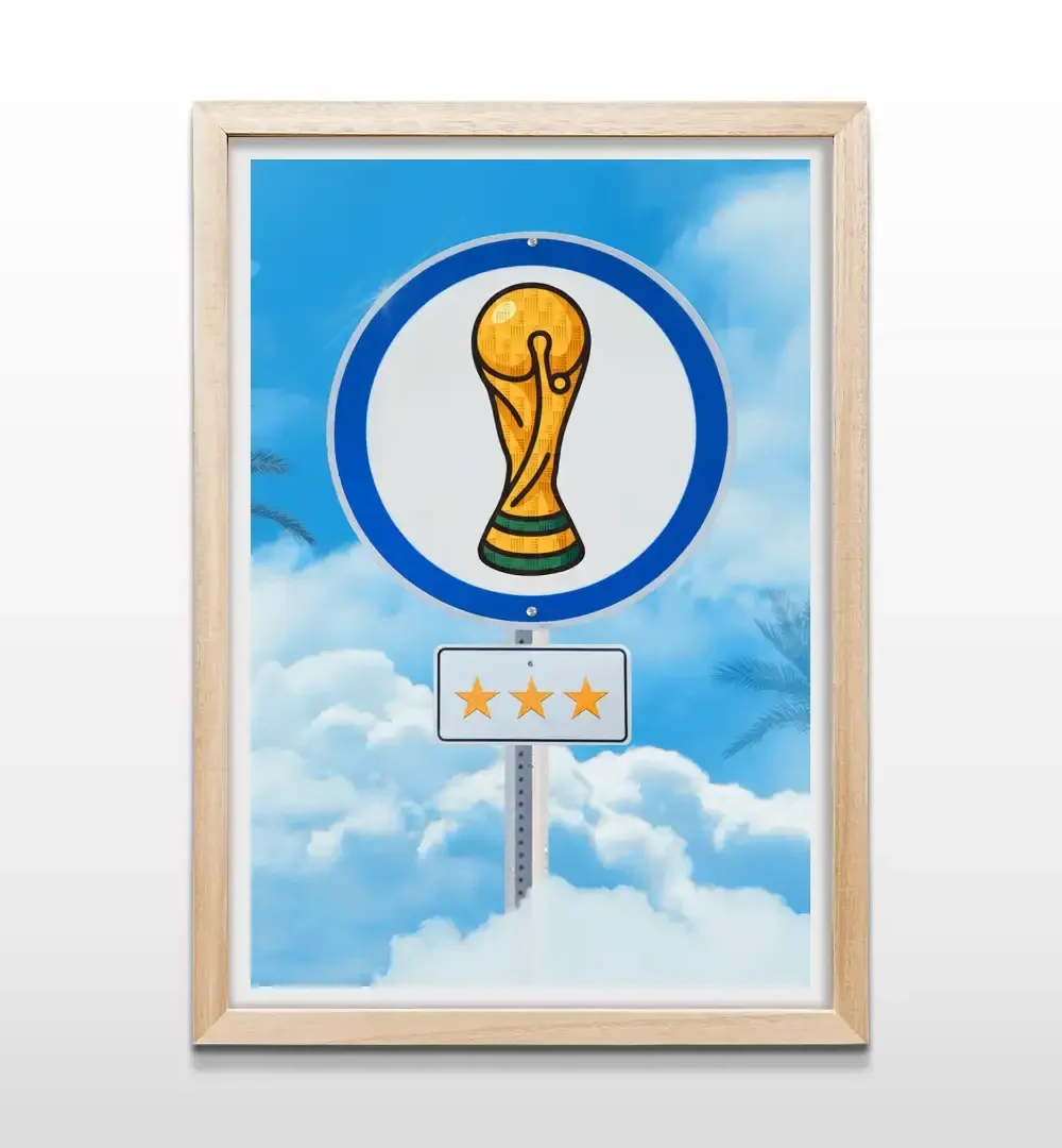 Cuadro de señal Campeones del Mundo con marco de madera natural, decoración de pared temática de fútbol argentino para livings y habitaciones